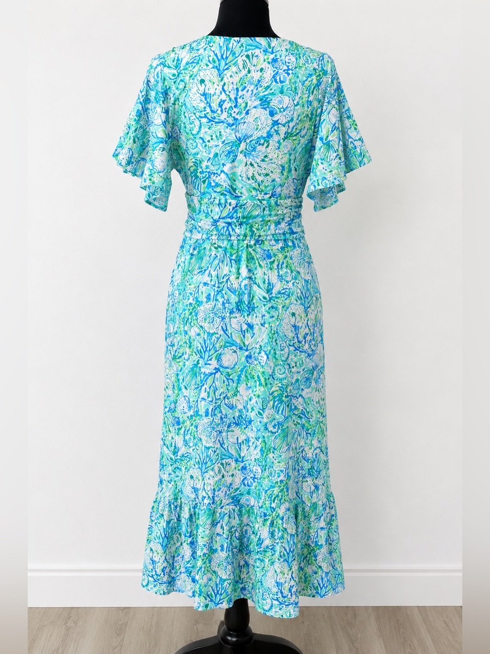 Lilly Pulitzer Midi Wrap Dress Blue Green Floral Butterfly Sleeve Smocked Waist - Picture 3 of 8